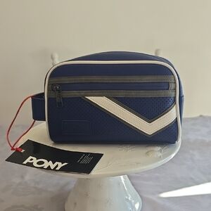 NWT PONY Travel Toiletry Bag Faux Textured Leather Blue White